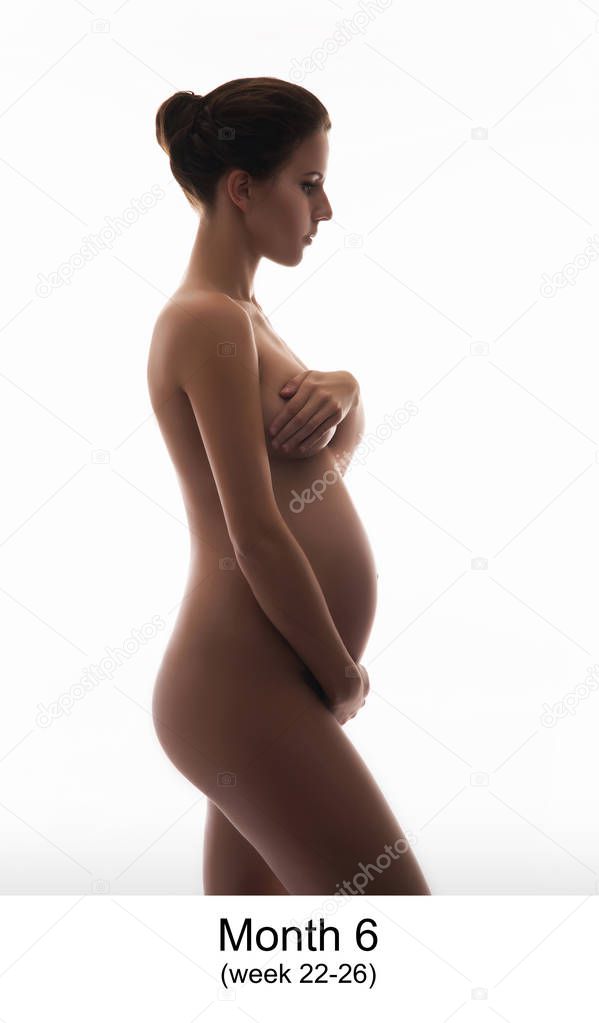 Beautiful pregnant woman expecting baby isolated on white. Month 6, week 22-26.