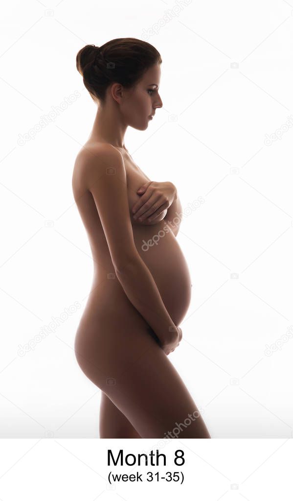 Beautiful pregnant woman expecting baby isolated on white. Month 8, week 31-35.