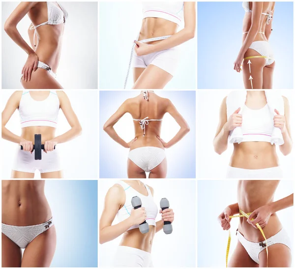 Mujer Hermosa Forma Entrenamiento Fitness Collage Aislado Concepto Deporte Nutrición — Foto de Stock