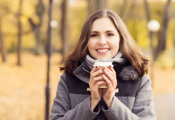 Vacker Kvinna Promenader Parken Attraktiva Flicka Över Säsongens Höst Bakgrund — Stockfoto