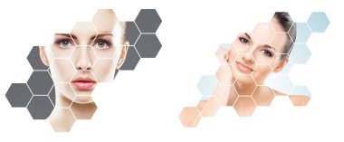 Genç ve sağlıklı kız kolaj güzel yüzü. Plastik cerrahi, Cilt Bakımı, kozmetik ve yüz toplama kavramı kaldırma.