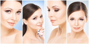 Kolaj kadın portre. Genç kadın sağlıklı yüzleri. Spa, kaldırma, plastik cerrahi kavramı kolaj yüz.