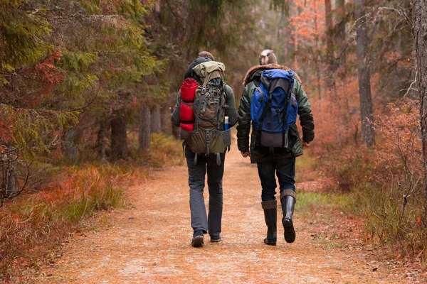 Two Bearded Guys Backpacks Hiking Forest Camp Adventure Traveling Fishing — Stock Photo, Image