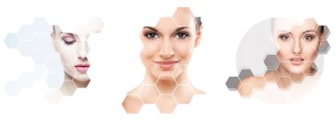 İnsan yüzü bir kolaj. Genç ve sağlıklı kadın plastik cerrahi, tıp, spa ve yüz petek mozaik kavramı kaldırma.