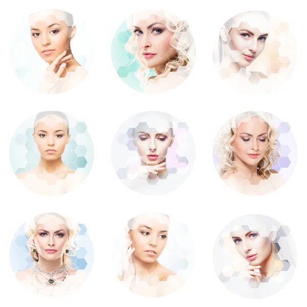 Collage av kvinnliga porträtt. Friska ansikten av unga kvinnor. Spa, ansikte lyft, plastikkirurgi collage koncept. — Stockfoto