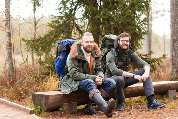 Two Bearded Guys Backpacks Sitting Forest Camp Adventure Traveling Fishing — Stock Photo, Image