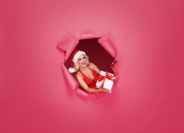 Jeune Belle Fille Chapeau Père Noël Femme Dans Concept Noël — Photo