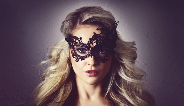 Portrait Young Woman Vintage Mask Face Attractive Blond Girl Beautiful — Stock Photo, Image