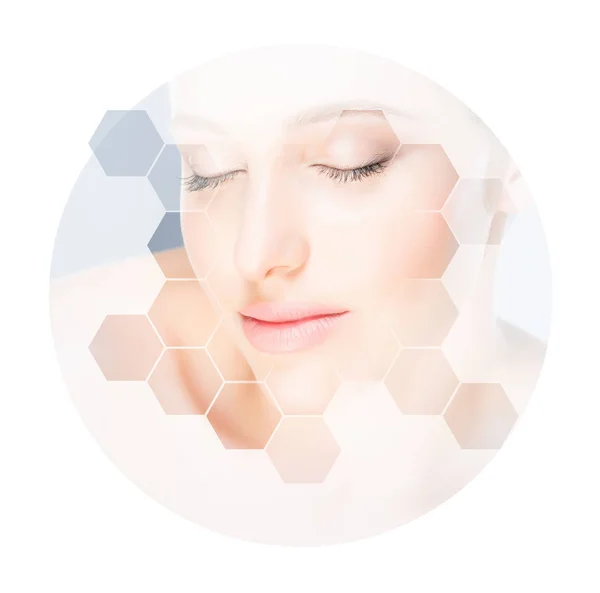 Beautiful Face Young Healthy Girl Female Portrait Honeycomb Grid Plastic — Stock Photo, Image