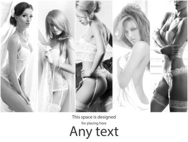 Şehvetli kız seksi gelin iç çamaşırı poz topluluğu. Siyah ve beyaz gelin iç çamaşırı kavramı.