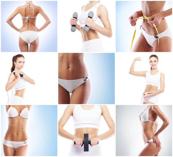 Mooi Fit Vrouw Een Fitnesstraining Geïsoleerde Collage Sport Voeding Gezondheid — Stockfoto