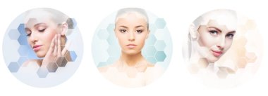 Kolaj kadın portre. Genç kadın sağlıklı yüzleri. Spa, kaldırma, plastik cerrahi kavramı kolaj yüz. Petek mozaik.
