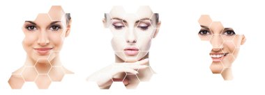 Kolaj kadın portre. Genç kadın sağlıklı yüzleri. Spa, kaldırma, plastik cerrahi kavramı kolaj yüz. Petek mozaik.