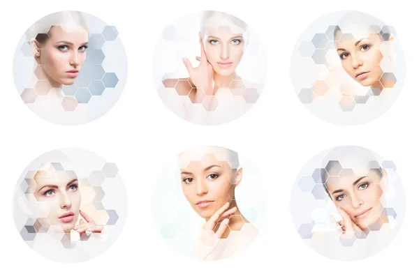Vackra Ansikte Ung Och Frisk Flicka Collage Plastikkirurgi Hudvård Kosmetika — Stockfoto