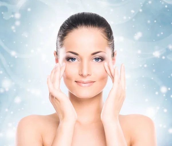 Winter Portrait Young Beautiful Woman Face Lifting Cosmetics Healthcare Concept — Stock Photo, Image