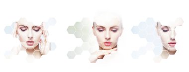 İnsan yüzü bir kolaj. Genç ve sağlıklı kadın plastik cerrahi, tıp, spa ve yüz petek mozaik kavramı kaldırma.