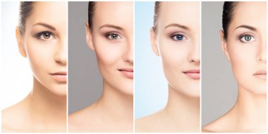 İnsan yüzü bir kolaj. Genç ve sağlıklı kadın plastik cerrahi, tıp, spa ve yüz kavramı koleksiyonu kaldırma.