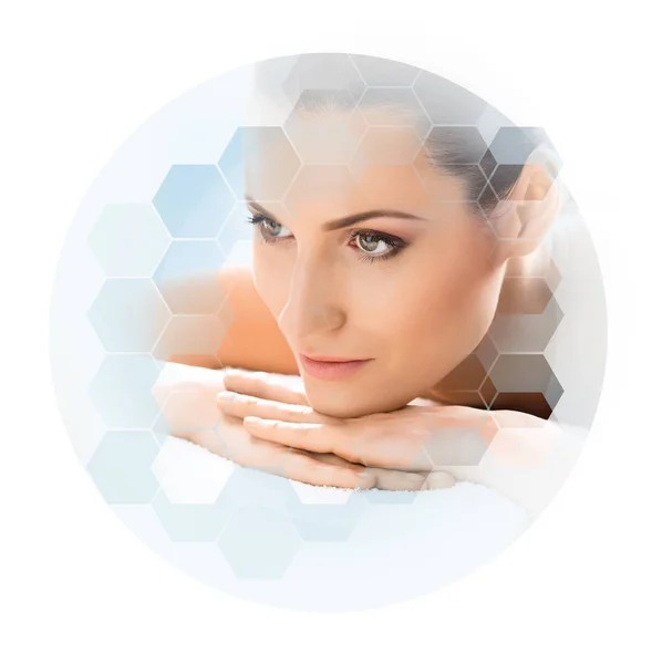 Young Beautiful Woman Spa Collage Honeycomb Mosaic Tiles Healing Massaging — Stock Photo, Image