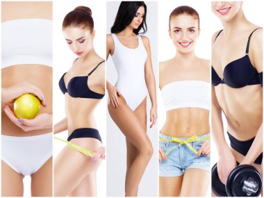 Sportif, uygun ve sağlıklı kadın vücut fitness kolaj. Beyaz izole mayolar genç kadınlar. Spor, sağlık ve diyet kavramı.
