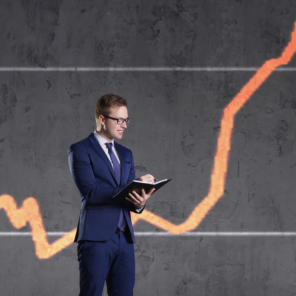 Geschäftsmann Mit Organisator Auf Diagrammhintergrund Geschäft Büro Erfolg Konzept Collage — Stockfoto