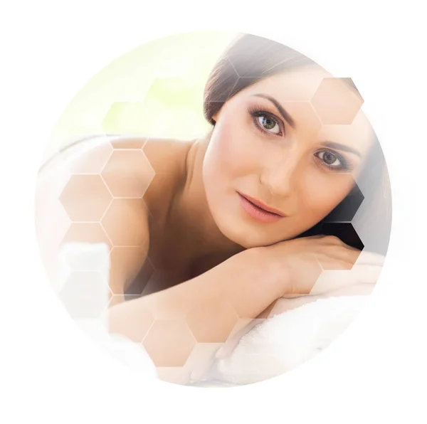 Young Beautiful Woman Spa Collage Honeycomb Mosaic Tiles Healing Massaging — Stock Photo, Image