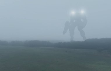 Sci-Fi askeri dev savaş makinesi. İnsansı robot apocalypse kırsal kesimde. Distopya, bilim kurgu, savaş robotu ve muharebe teknoloji kavramı.