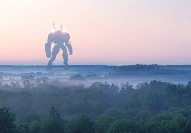 Sci-Fi askeri dev savaş makinesi. İnsansı robot apocalypse kırsal kesimde. Distopya, bilim kurgu, savaş robotu ve muharebe teknoloji kavramı.