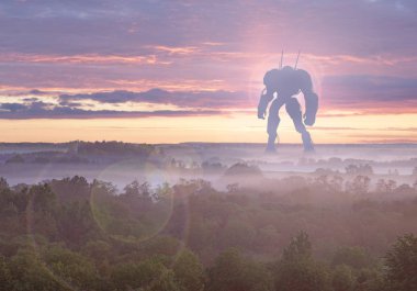 Sci-Fi askeri dev savaş makinesi. İnsansı robot apocalypse kırsal kesimde. Distopya, bilim kurgu, savaş robotu ve muharebe teknoloji kavramı.