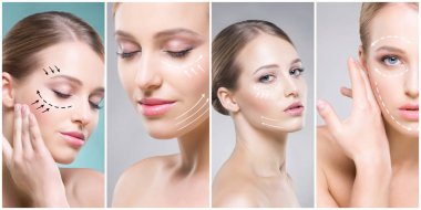 Genç ve sağlıklı kız kolaj güzel yüzü. Plastik cerrahi, Cilt Bakımı, kozmetik ve yüz toplama kavramı kaldırma.