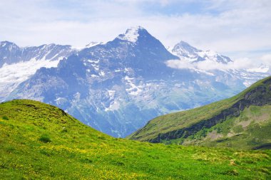 Grindelwald ve Jungfrau dağ doruklarına. Bernese highland manzara arka plan. Alpler, turizm, seyahat, seyahat ve hiking kavramı.