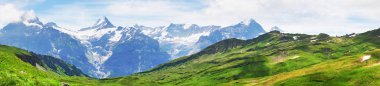 Grindelwald ve Jungfrau dağ doruklarına. Bernese highland manzara arka plan. Alpler, turizm, seyahat, seyahat ve hiking kavramı.