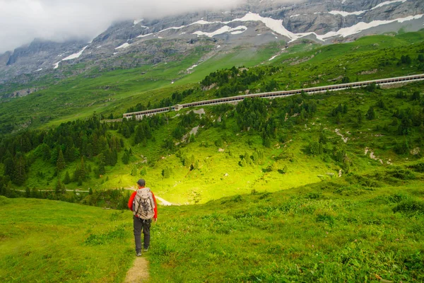 Caminante Viajando Por Los Alpes Picos Alpinos Paisaje Fondo Jungfrau — Foto de Stock