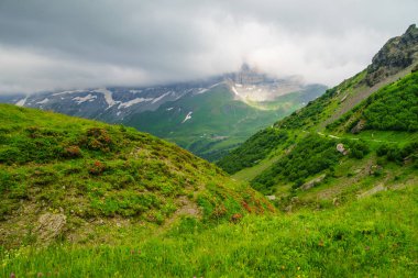 Dağ doruklarına landskape arka plan. Jungfrau, Bernese highland. Alpler, turizm, seyahat ve macera kavramı hiking
