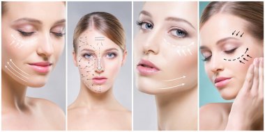 Kolaj kadın portre. Genç kadın sağlıklı yüzleri. Spa, kaldırma, plastik cerrahi kavramı kolaj yüz.