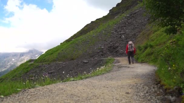 Caminhante Viajando Alpes Alpine Picos Paisagem Fundo Jungfrau Planalto Bernês — Vídeo de Stock