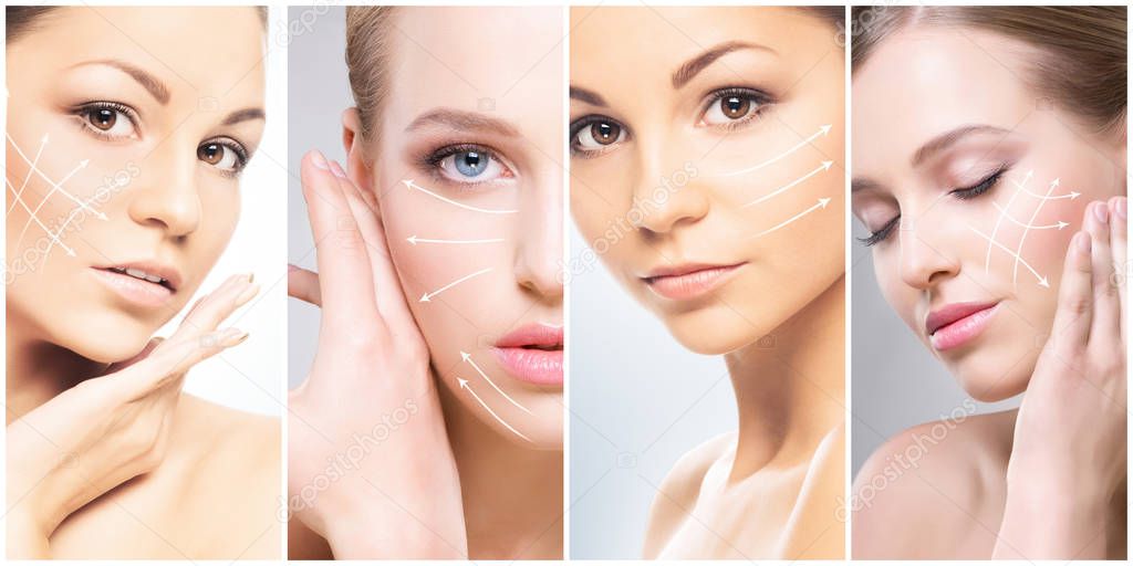 Human face in a collage. Young and healthy woman in plastic surgery, medicine, spa and face lifting concept collection.