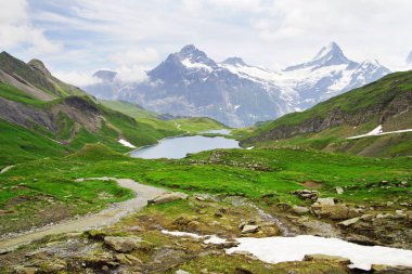 Dağ doruklarına ve dağ gölü. Arka plan manzara. Bachalpsee Gölü, Grindelwald, Bernese highland. Alpler, turizm, yolculuk yürüyüş kavramı