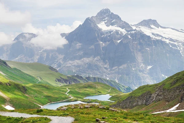 Picchi Alpini Lago Montagna Sfondo Paesaggio Lago Bachalpsee Grindelwald Altopiano — Foto Stock