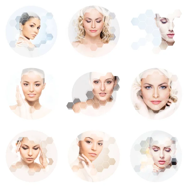 コラージュで若くて健康的な女性の美しい顔 スキンケア 化粧品 コレクションのコンセプトを持ち上げる顔 — ストック写真