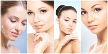 Güzel, sağlıklı ve genç kadın portreleri koleksiyonu. Farklı kadın yüzleri kolajı. Yüz gerdirme, cilt bakımı, estetik ameliyat ve makyaj konsepti..