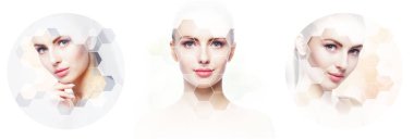 Kolaj kadın portre. Genç kadın sağlıklı yüzleri. Spa, kaldırma, plastik cerrahi kavramı kolaj yüz. Petek mozaik.