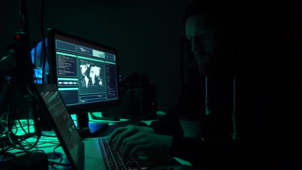 Wanted Hackers Coding Virus Ransomware Using Laptops Computers Basement Cyber — Stock Video