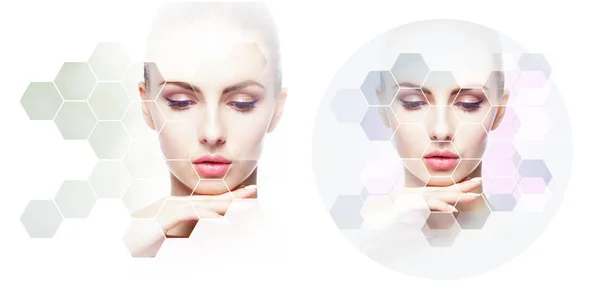 Human face in a collage. Young and healthy woman in plastic surgery, medicine, spa and face lifting concept in honeycomb mosaic.