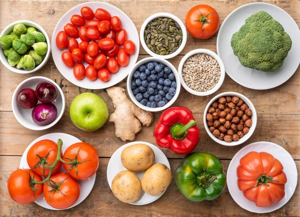 Ingredientes Alimentares Saudáveis Legumes Frescos Frutas Superalimentos Nutrição Dieta Conceito — Fotografia de Stock