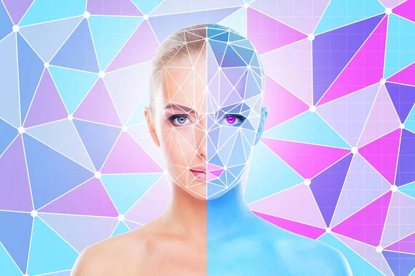 Low Poly Portrait Young Attractive Woman Prism Background 80S Concept — Stock Photo, Image