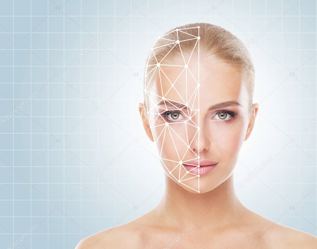 Portrait of attractive woman with a scnanning grid on her face. Face id, security, facial recognition, future technology concept.