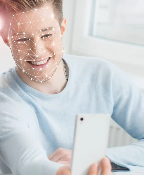 Portrait Student Authentication Grid His Face Guy Smartphone Scanning His — Stock Photo, Image
