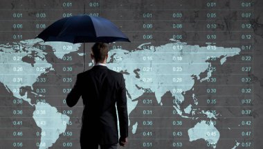 Businessman with umbrella standing over column diagram background. Business, insurance, risk concept. clipart