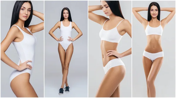 健康和健康的女性身体在健身拼贴 穿着泳衣的年轻妇女被隔离在白色上 健康和饮食概念 — 图库照片