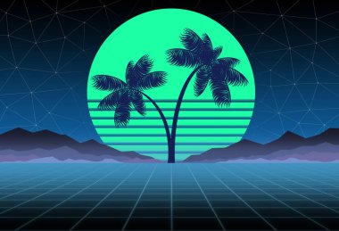 Synthwave ve retrowave arka plan şablonu. Avuç içi, güneş ve bilgisayar oyunu uzayda. Retro tasarımı, övgü dolu müzik, 80s bilgisayar grafik ve bilim kurgu teknolojisi kavramı.